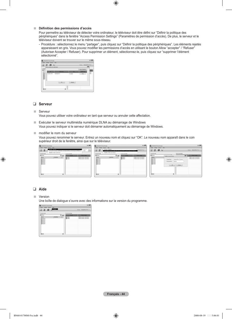 Serveur, Aide | Samsung LE46A756R1M User Manual | Page 106 / 422