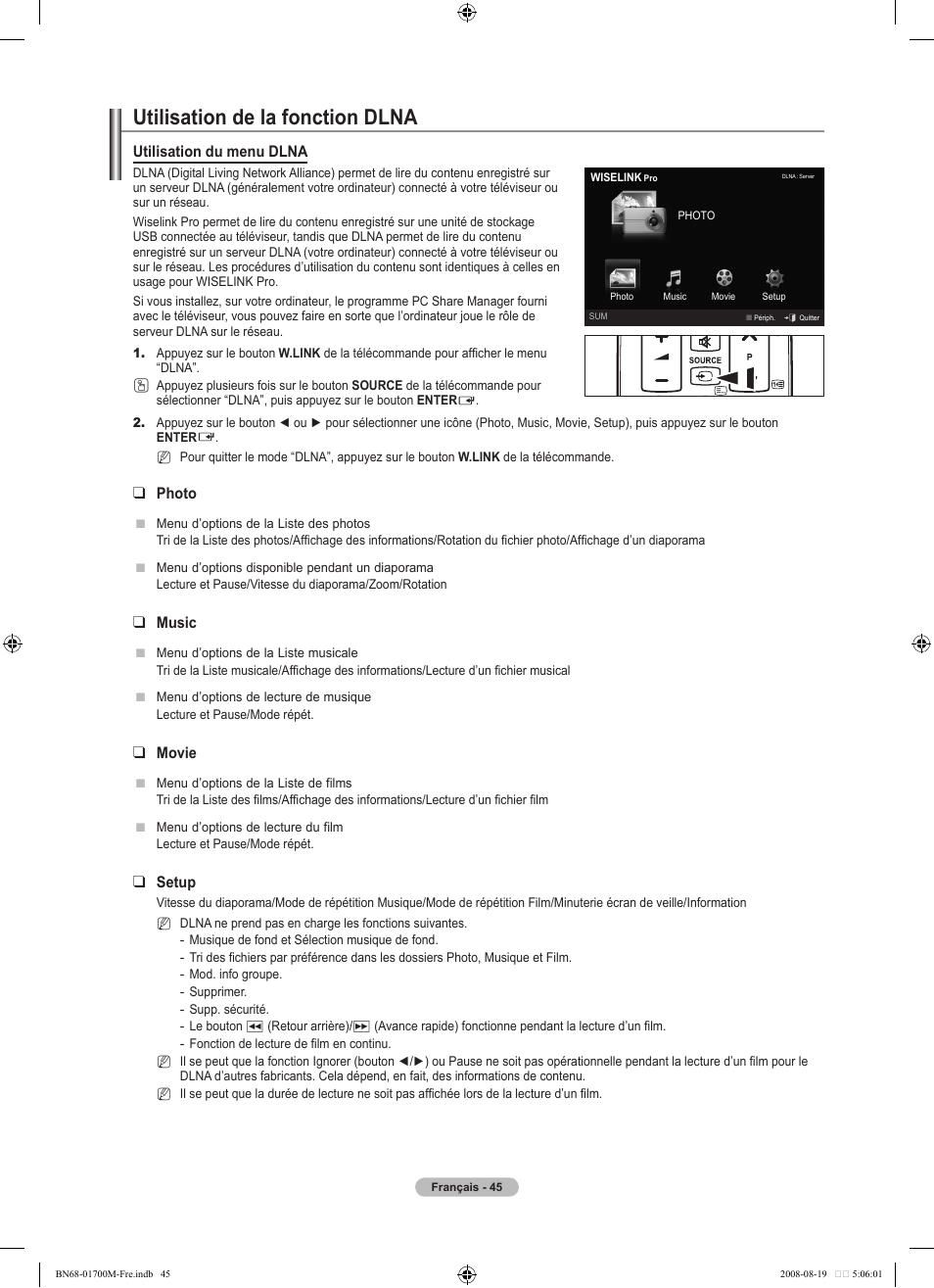 Utilisation de la fonction dlna, Utilisation du menu dlna, Photo | Music, Movie, Setup | Samsung LE46A756R1M User Manual | Page 107 / 422