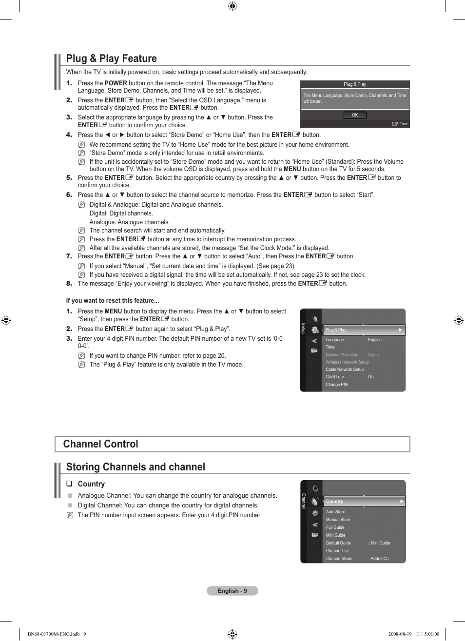 Plug & play feature, Channel control, Storing channels and channel | Channel control storing channels and channel, Country | Samsung LE46A756R1M User Manual | Page 11 / 422