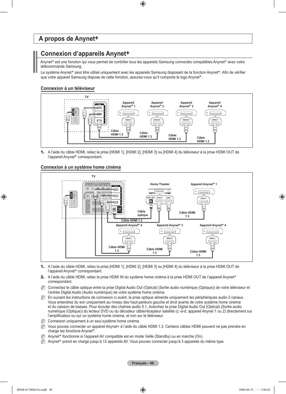 Connexion d’appareils anynet, A propos de anynet, Connexion à un téléviseur | Connexion à un système home cinéma | Samsung LE46A756R1M User Manual | Page 111 / 422