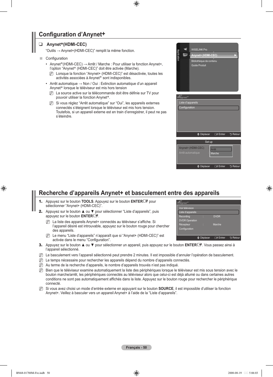Configuration d’anynet, Anynet+(hdmi-cec) | Samsung LE46A756R1M User Manual | Page 112 / 422