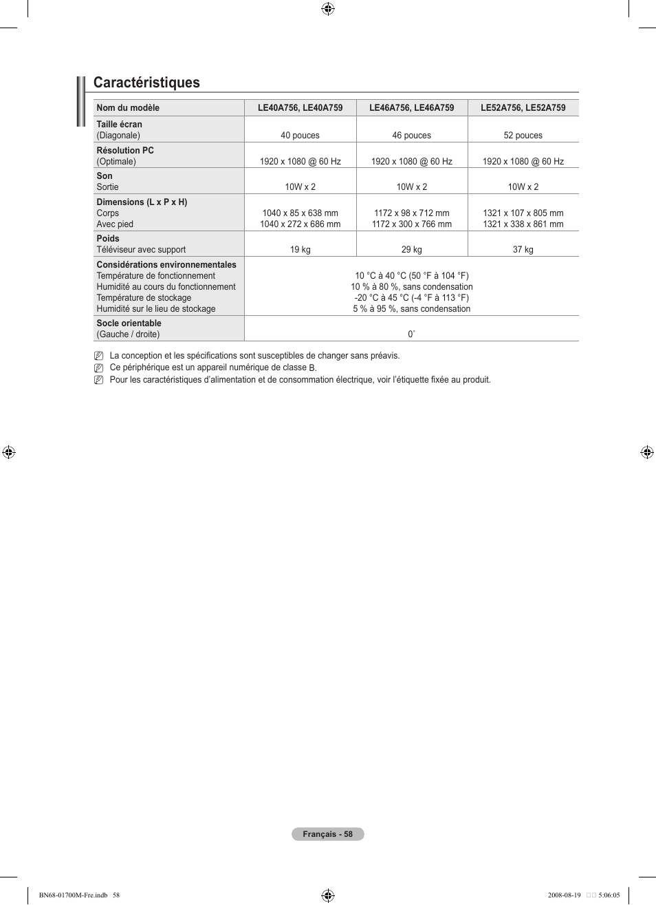 Caractéristiques | Samsung LE46A756R1M User Manual | Page 120 / 422