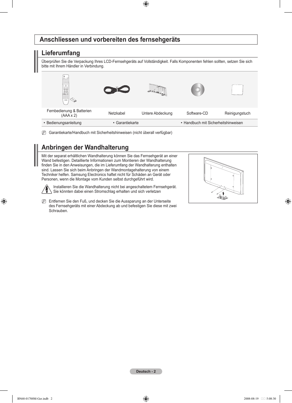Lieferumfang, Anbringen der wandhalterung, Anschliessen und vorbereiten des fernsehgeräts | Samsung LE46A756R1M User Manual | Page 124 / 422