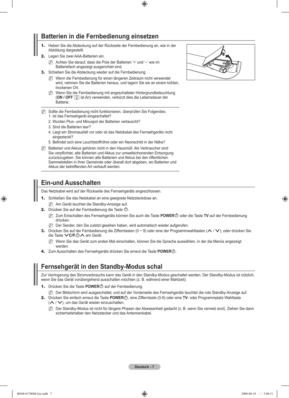 Batterien in die fernbedienung einsetzen, Ein-und ausschalten, Fernsehgerät in den standby-modus schal | Samsung LE46A756R1M User Manual | Page 129 / 422