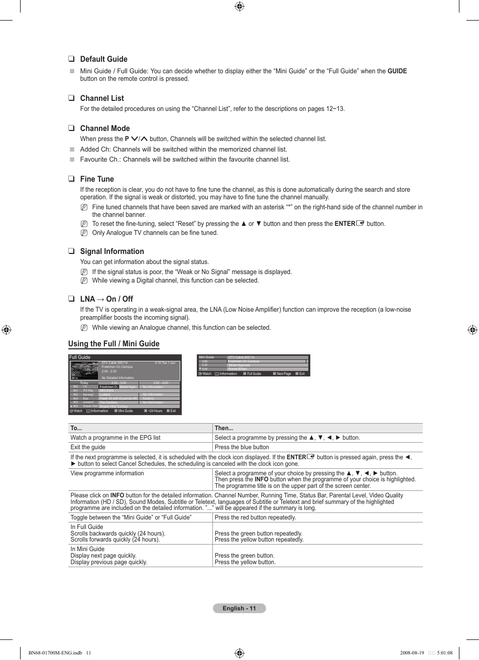 Default guide, Channel list, Channel mode | Fine tune, Signal information, Lna → on / off, Using the full / mini guide | Samsung LE46A756R1M User Manual | Page 13 / 422