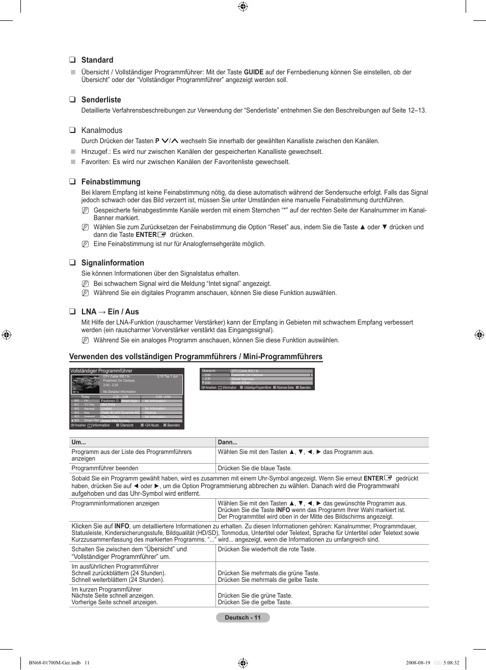 Standard, Senderliste, Kanalmodus | Feinabstimmung, Signalinformation, Lna → ein / aus | Samsung LE46A756R1M User Manual | Page 133 / 422
