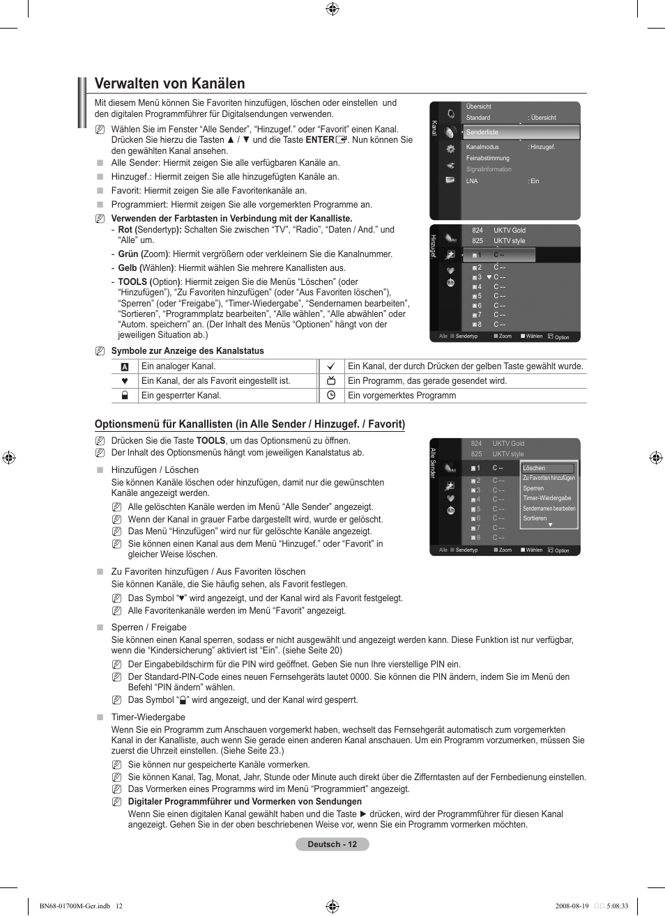 Verwalten von kanälen | Samsung LE46A756R1M User Manual | Page 134 / 422