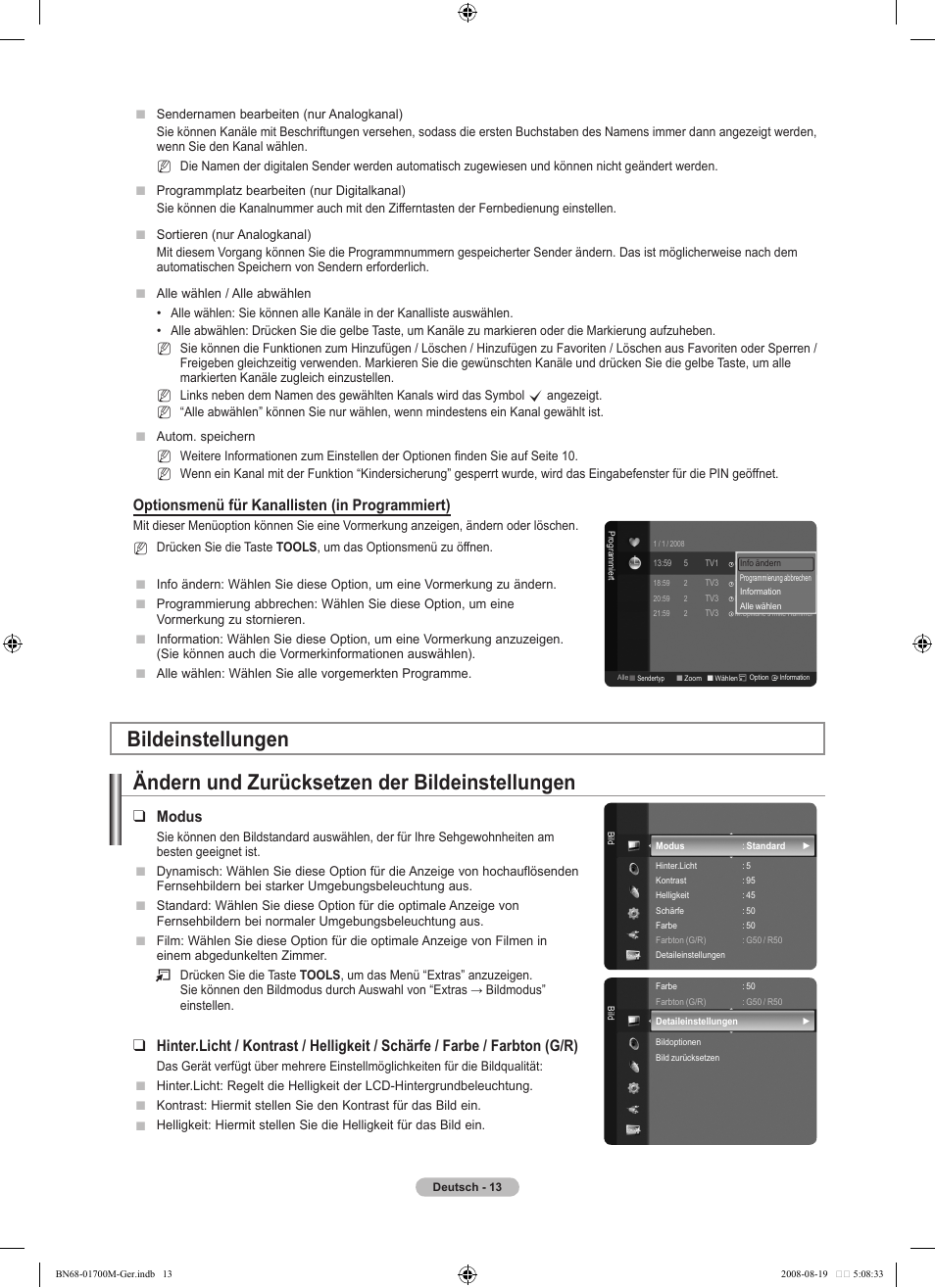 Optionsmenü für kanallisten (in programmiert), Modus | Samsung LE46A756R1M User Manual | Page 135 / 422