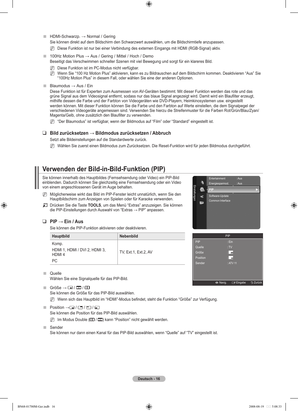 Verwenden der bild-in-bild-funktion (pip), Pip → ein / aus | Samsung LE46A756R1M User Manual | Page 138 / 422