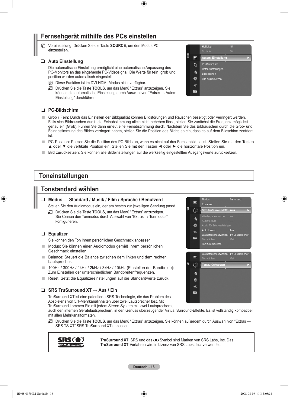 Fernsehgerät mithilfe des pcs einstellen, Toneinstellungen tonstandard wählen, Auto einstellung | Pc-bildschirm, Equalizer, Srs trusurround xt → aus / ein | Samsung LE46A756R1M User Manual | Page 140 / 422