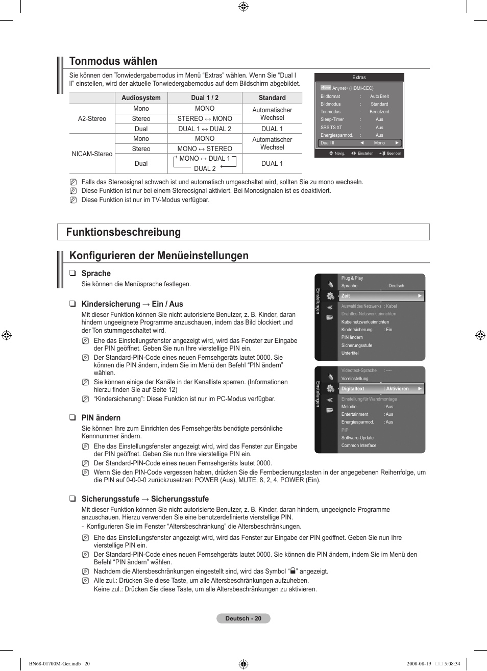 Tonmodus wählen, Konfigurieren der menüeinstellungen, Funktionsbeschreibung | Sprache, Kindersicherung → ein / aus, Pin ändern, Sicherungsstufe → sicherungsstufe | Samsung LE46A756R1M User Manual | Page 142 / 422