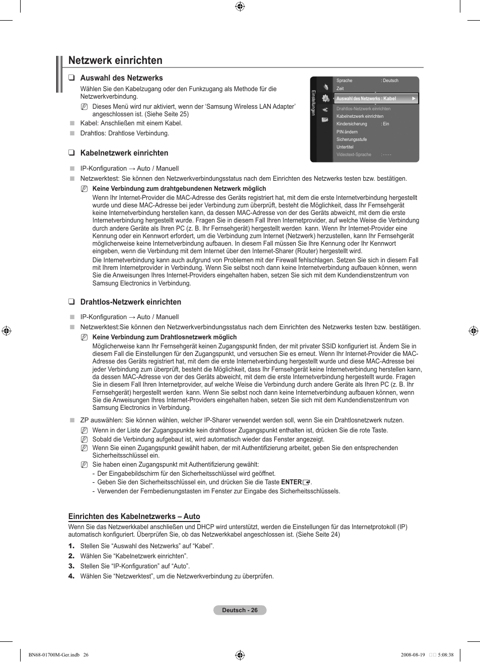 Netzwerk einrichten, Auswahl des netzwerks, Kabelnetzwerk einrichten | Drahtlos-netzwerk einrichten, Einrichten des kabelnetzwerks – auto | Samsung LE46A756R1M User Manual | Page 148 / 422