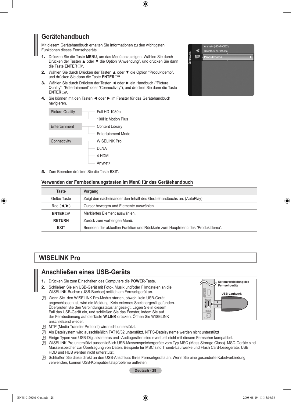Gerätehandbuch, Wiselink pro anschließen eines usb-geräts | Samsung LE46A756R1M User Manual | Page 150 / 422