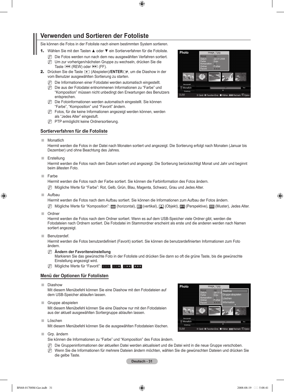 Verwenden und sortieren der fotoliste, Sortierverfahren für die fotoliste, Menü der optionen für fotolisten | Samsung LE46A756R1M User Manual | Page 153 / 422