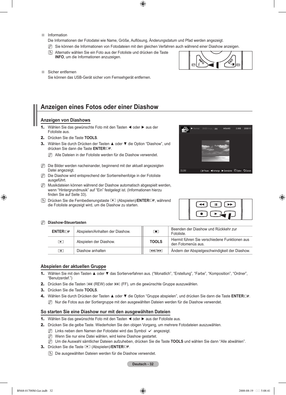 Anzeigen eines fotos oder einer diashow, Anzeigen von diashows, Abspielen der aktuellen gruppe | Samsung LE46A756R1M User Manual | Page 154 / 422