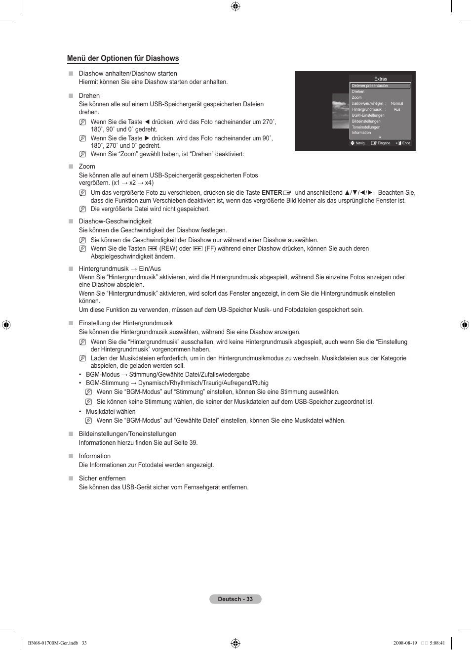 Menü der optionen für diashows | Samsung LE46A756R1M User Manual | Page 155 / 422
