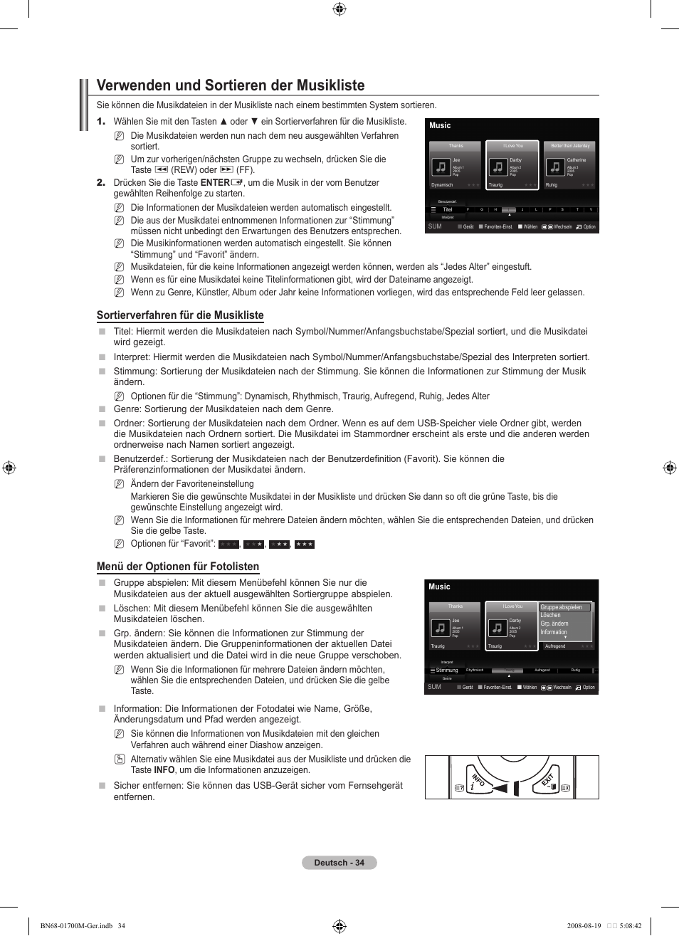 Verwenden und sortieren der musikliste, Sortierverfahren für die musikliste, Menü der optionen für fotolisten | Rew) oder, Ff). 2. drücken sie die taste enter | Samsung LE46A756R1M User Manual | Page 156 / 422