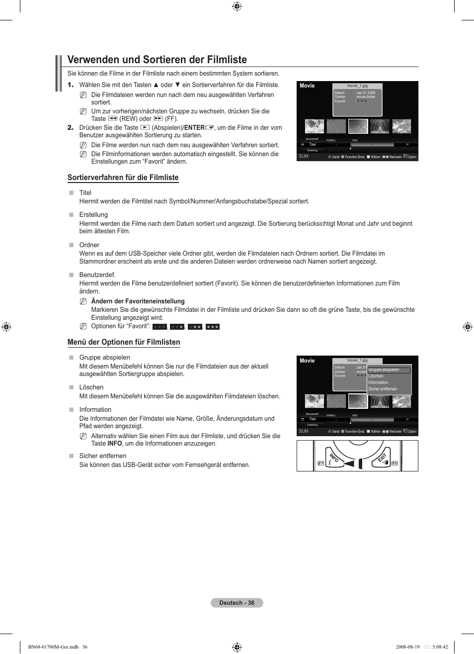Verwenden und sortieren der filmliste, Sortierverfahren für die filmliste, Menü der optionen für filmlisten | Samsung LE46A756R1M User Manual | Page 158 / 422