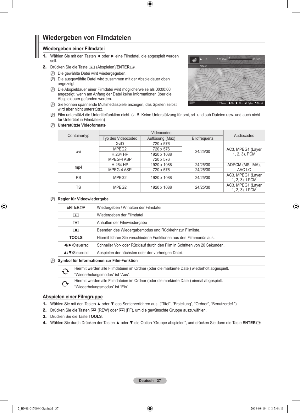 Wiedergeben von filmdateien, Wiedergeben einer filmdatei, Abspielen einer filmgruppe | Samsung LE46A756R1M User Manual | Page 159 / 422