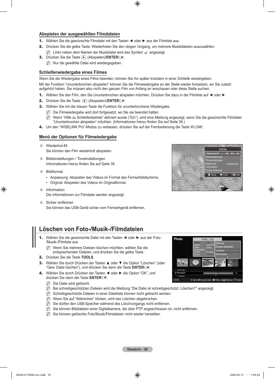 Löschen von foto-/musik-/filmdateien, Abspielen der ausgewählten filmdateien, Schleifenwiedergabe eines filmes | Menü der optionen für filmwiedergabe | Samsung LE46A756R1M User Manual | Page 160 / 422