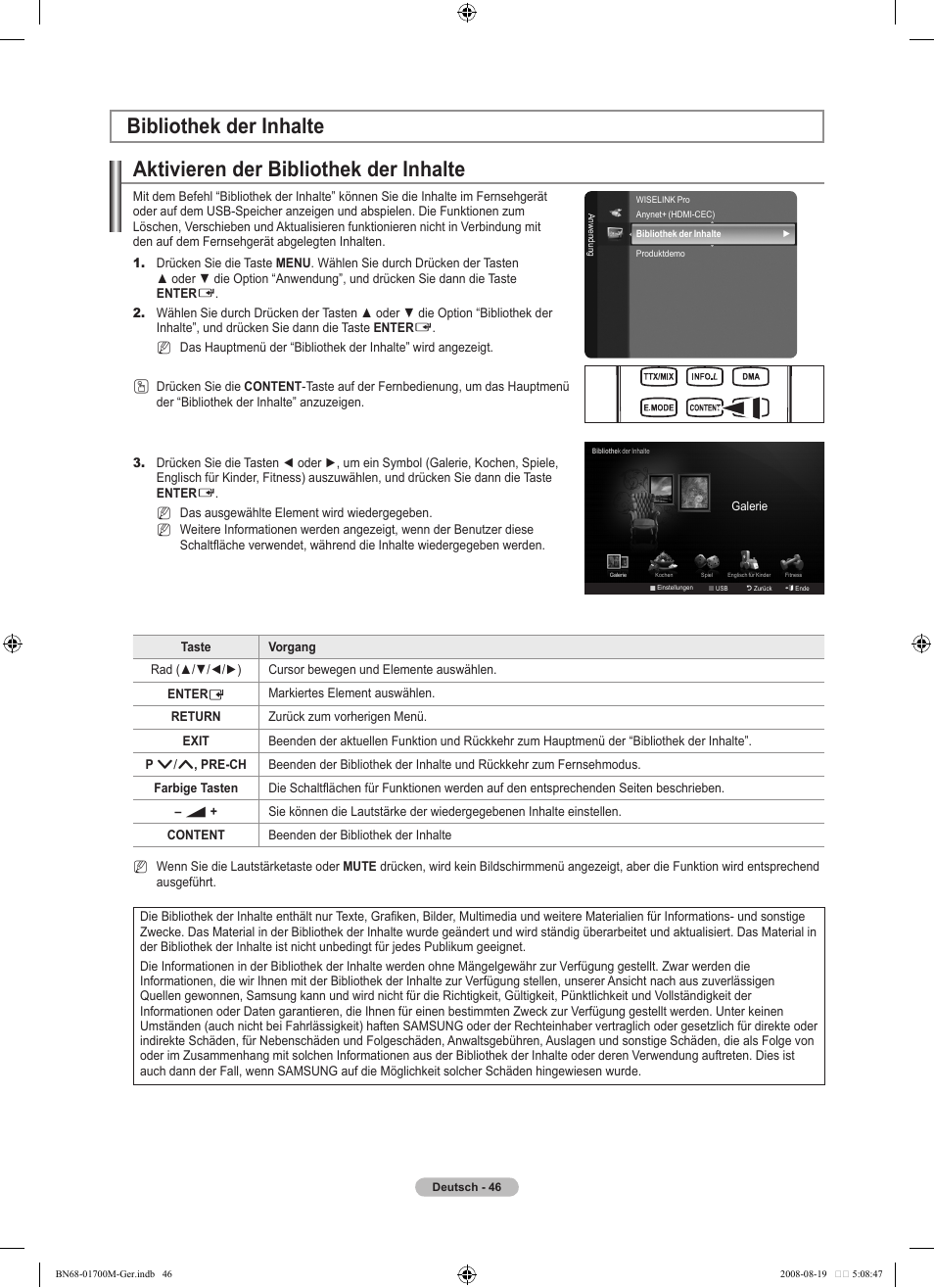 Aktivieren der bibliothek der inhalte, Bibliothek der inhalte | Samsung LE46A756R1M User Manual | Page 168 / 422
