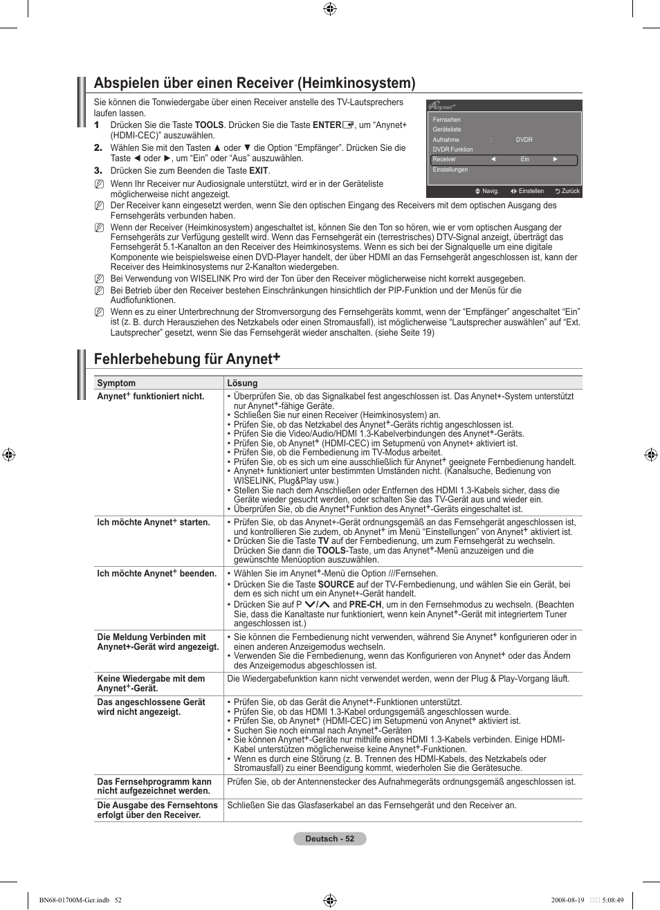 Abspielen über einen receiver (heimkinosystem), Fehlerbehebung für anynet | Samsung LE46A756R1M User Manual | Page 174 / 422