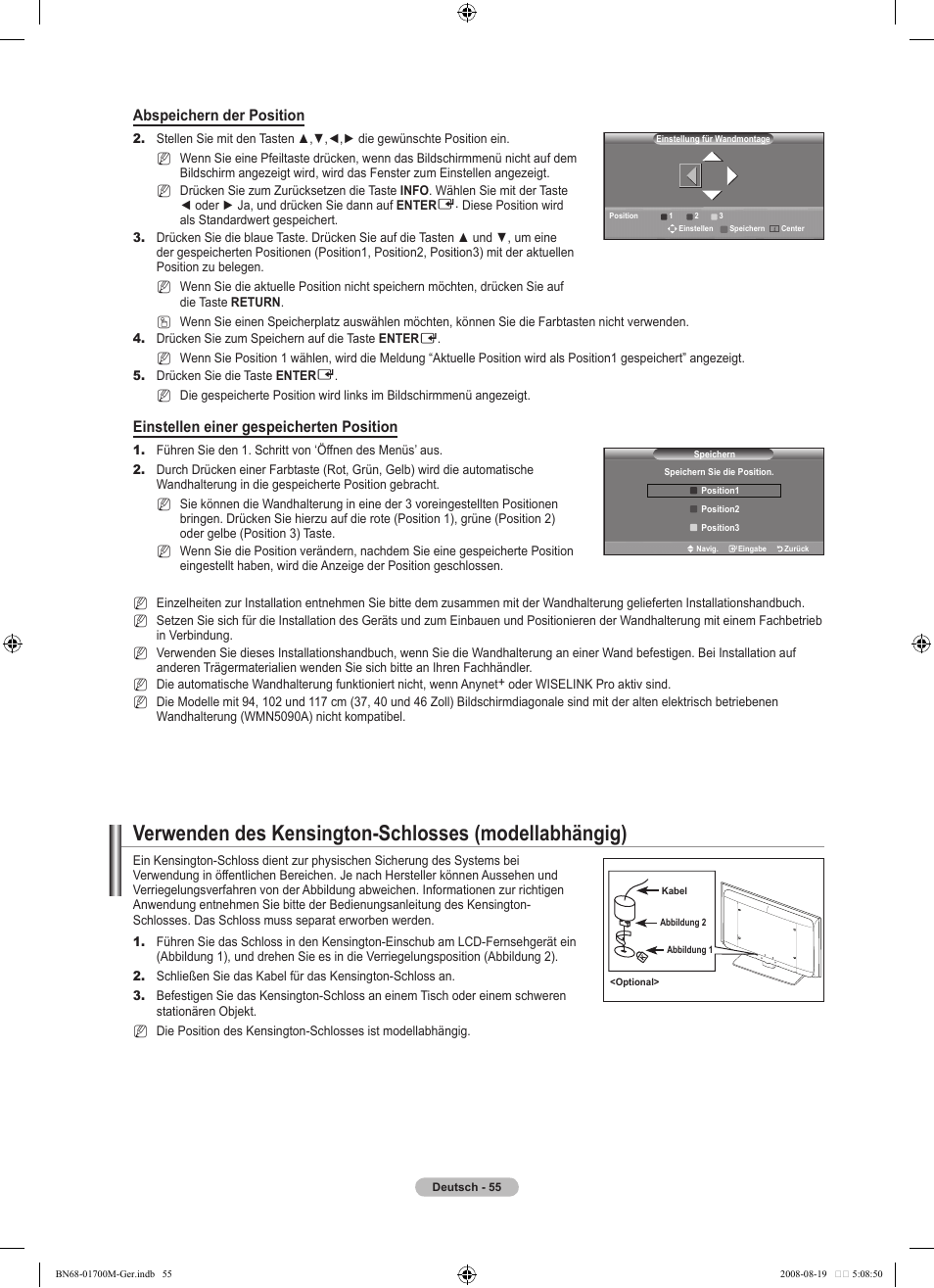 Abspeichern der position, Einstellen einer gespeicherten position | Samsung LE46A756R1M User Manual | Page 177 / 422