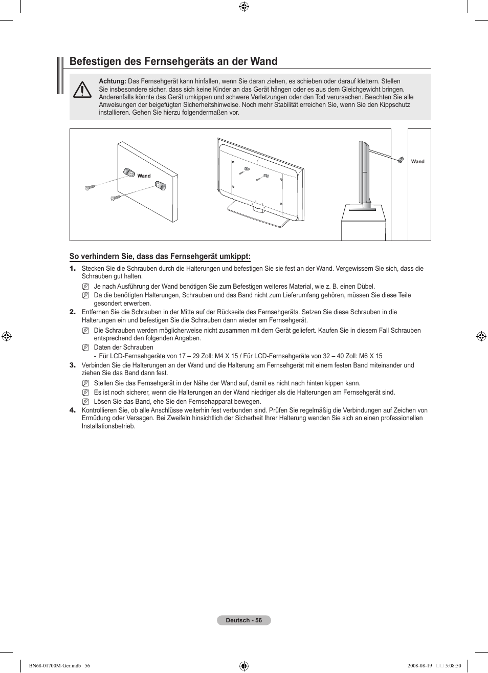 Befestigen des fernsehgeräts an der wand | Samsung LE46A756R1M User Manual | Page 178 / 422