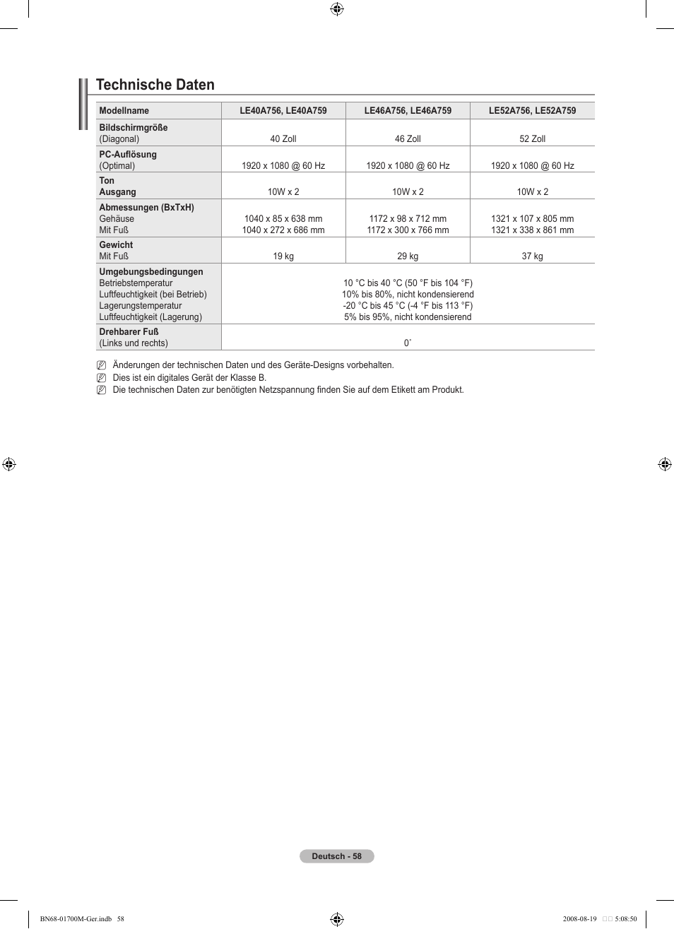 Technische daten | Samsung LE46A756R1M User Manual | Page 180 / 422