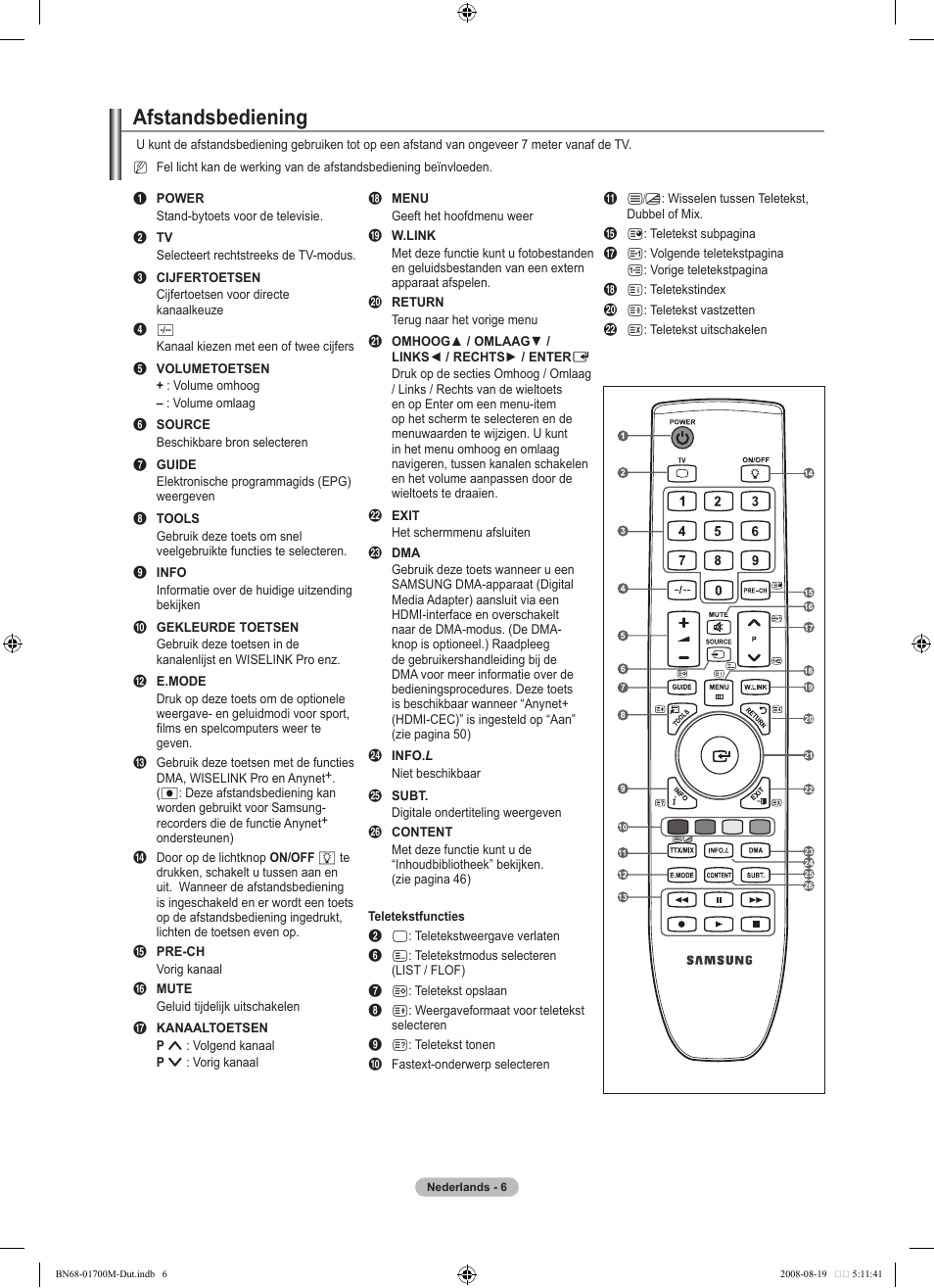Afstandsbediening | Samsung LE46A756R1M User Manual | Page 188 / 422