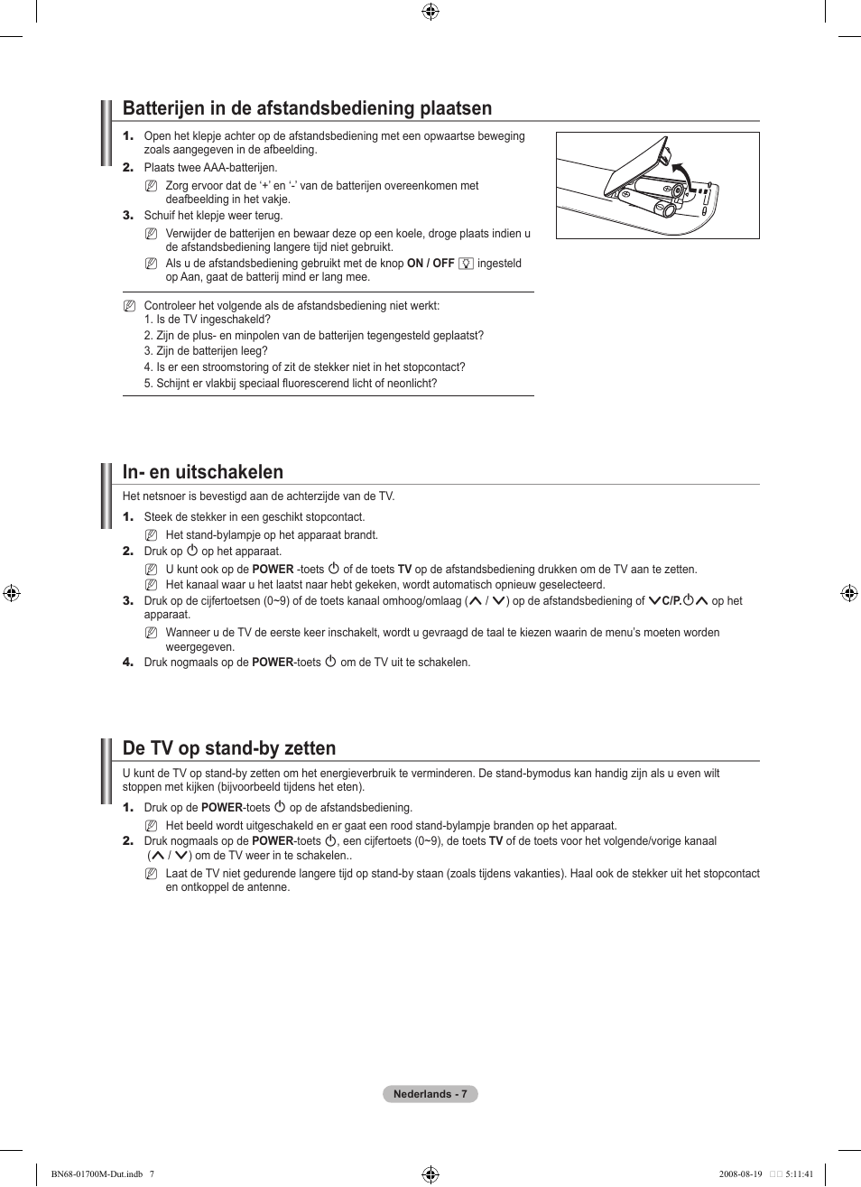 Batterijen in de afstandsbediening plaatsen, In- en uitschakelen, De tv op stand-by zetten | Samsung LE46A756R1M User Manual | Page 189 / 422