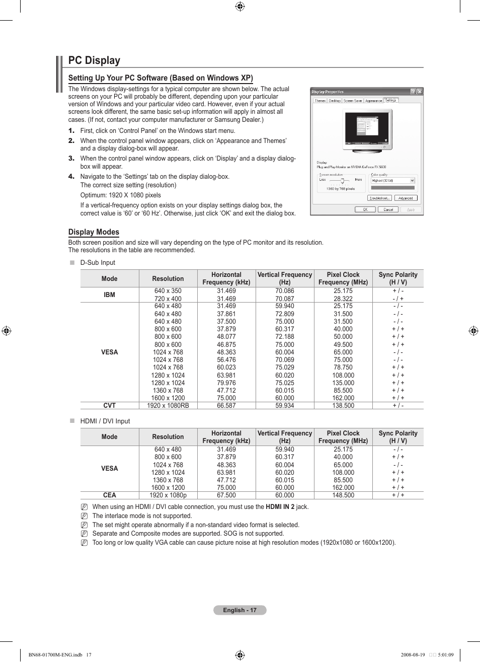 Pc display | Samsung LE46A756R1M User Manual | Page 19 / 422