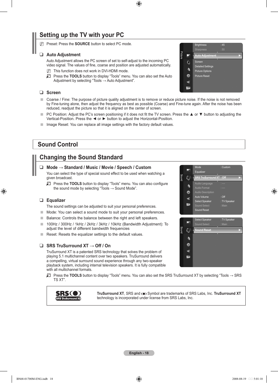 Setting up the tv with your pc, Sound control, Changing the sound standard | Sound control changing the sound standard, Auto adjustment, Screen, Mode → standard / music / movie / speech / custom, Equalizer, Srs trusurround xt → off / on | Samsung LE46A756R1M User Manual | Page 20 / 422