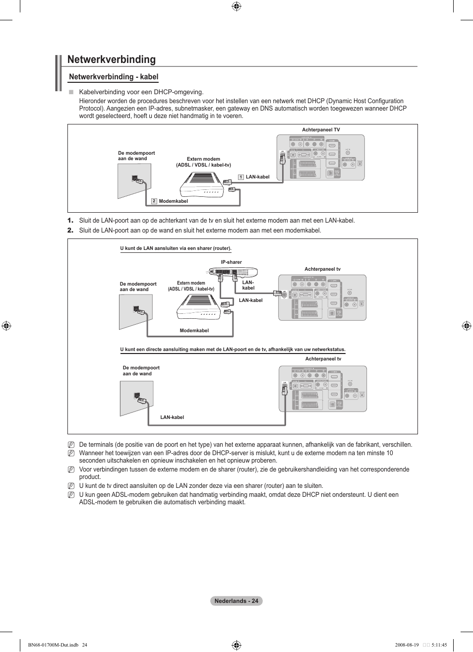 Netwerkverbinding, Netwerkverbinding - kabel | Samsung LE46A756R1M User Manual | Page 206 / 422
