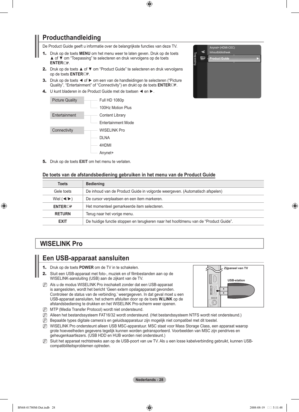Producthandleiding, Wiselink pro een usb-apparaat aansluiten | Samsung LE46A756R1M User Manual | Page 210 / 422
