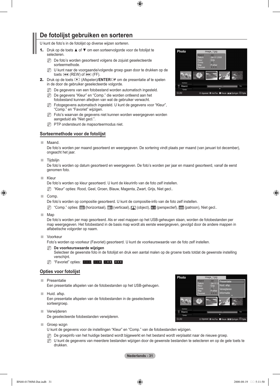 De fotolijst gebruiken en sorteren, Sorteermethode voor de fotolijst, Opties voor fotolijst | Samsung LE46A756R1M User Manual | Page 213 / 422