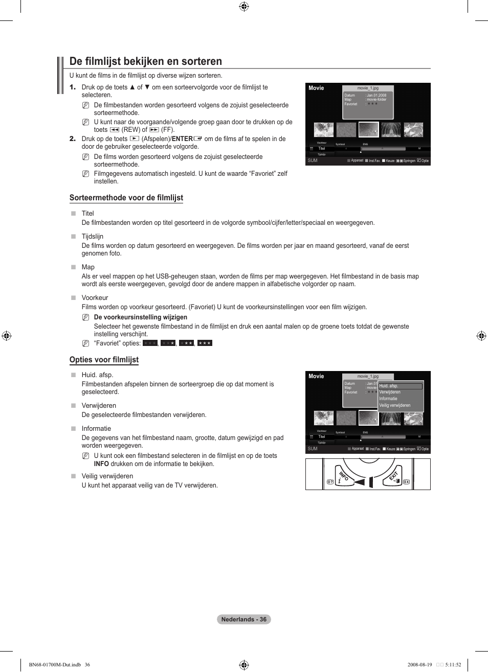 De filmlijst bekijken en sorteren, Sorteermethode voor de filmlijst, Opties voor filmlijst | Samsung LE46A756R1M User Manual | Page 218 / 422