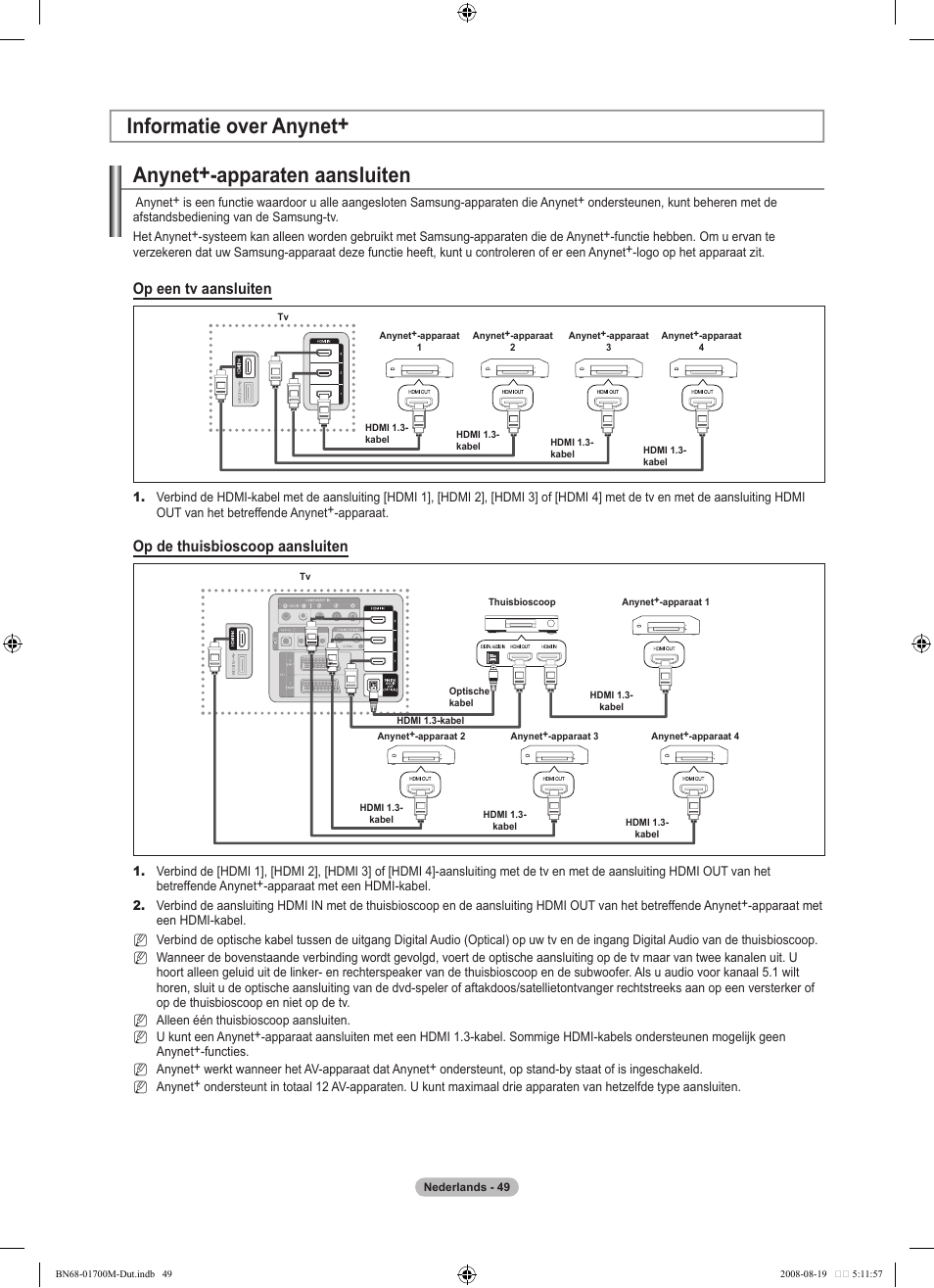 Anynet+-apparaten aansluiten, Informatie over anynet, Op een tv aansluiten | Op de thuisbioscoop aansluiten | Samsung LE46A756R1M User Manual | Page 231 / 422