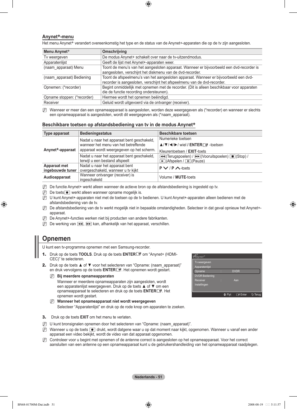 Opnemen, Anynet+-menu | Samsung LE46A756R1M User Manual | Page 233 / 422