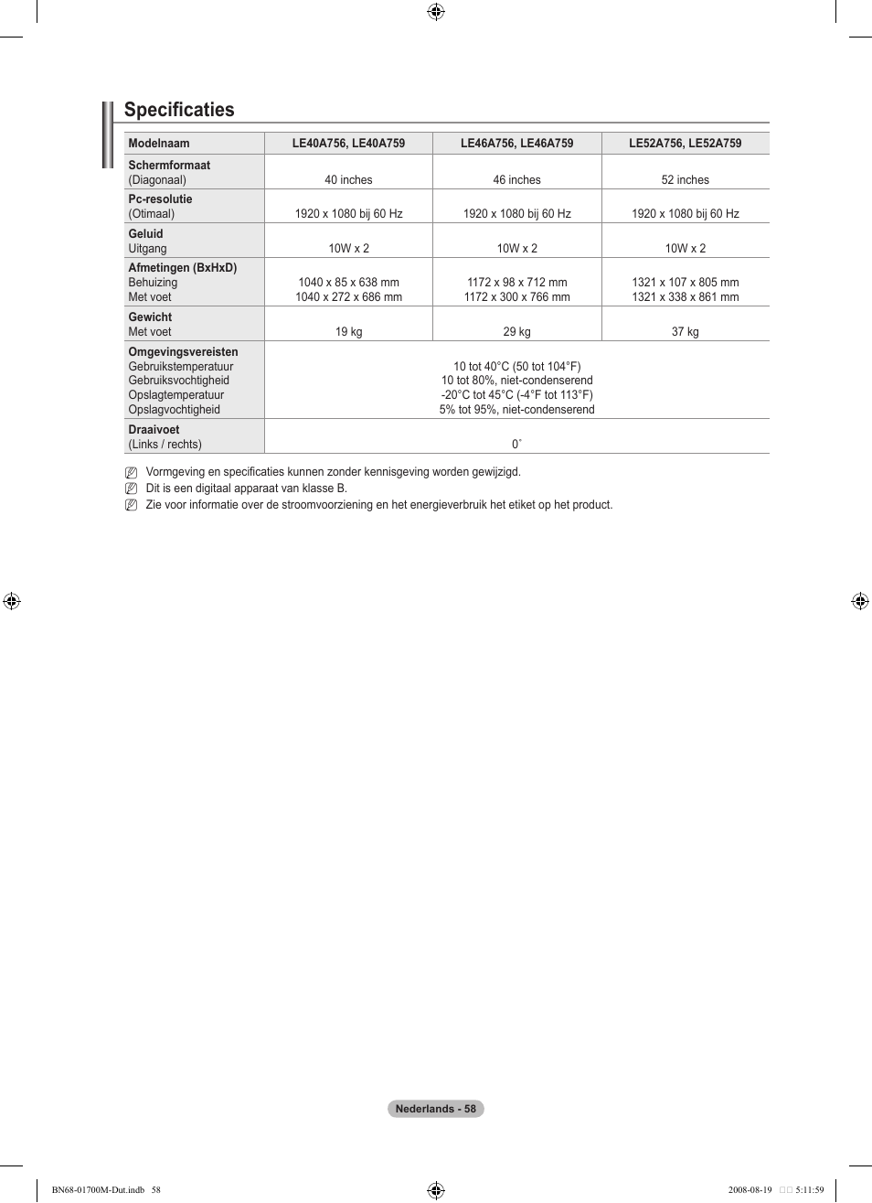 Specificaties | Samsung LE46A756R1M User Manual | Page 240 / 422