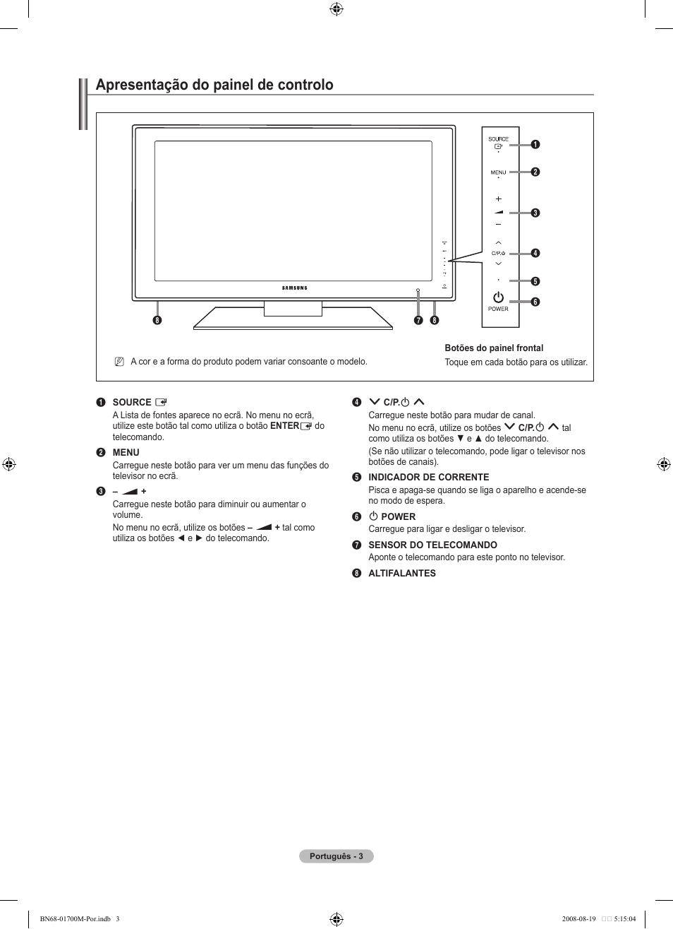 Apresentação do painel de controlo | Samsung LE46A756R1M User Manual | Page 245 / 422