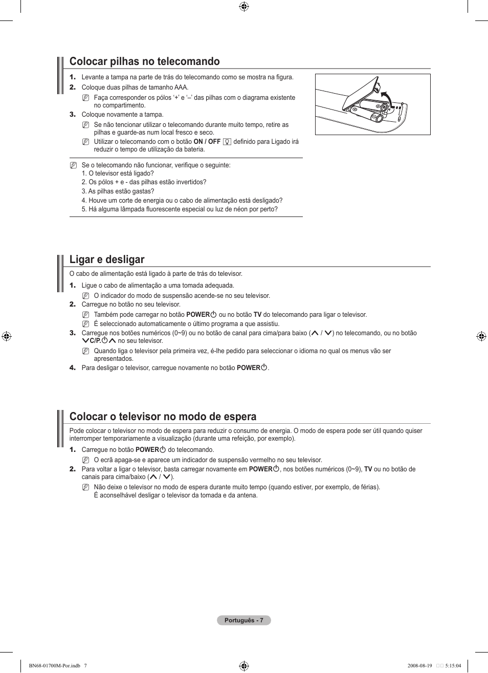 Colocar pilhas no telecomando, Ligar e desligar, Colocar o televisor no modo de espera | Samsung LE46A756R1M User Manual | Page 249 / 422