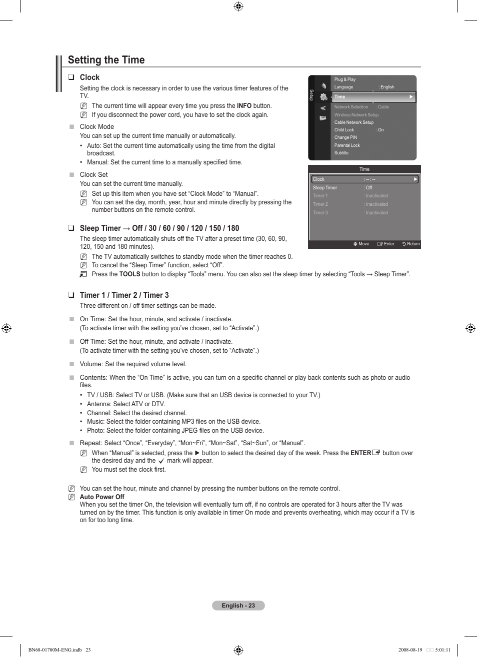 Setting the time, Clock, Timer  / timer 2 / timer | Samsung LE46A756R1M User Manual | Page 25 / 422