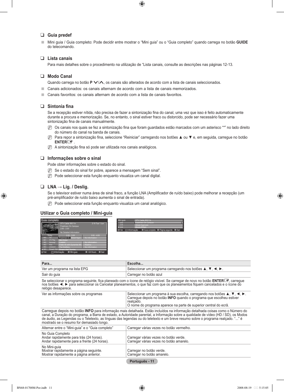 Guia predef, Lista canais, Modo canal | Sintonia fina, Informações sobre o sinal, Lna → lig. / deslig, Utilizar o guia completo / mini-guia | Samsung LE46A756R1M User Manual | Page 253 / 422