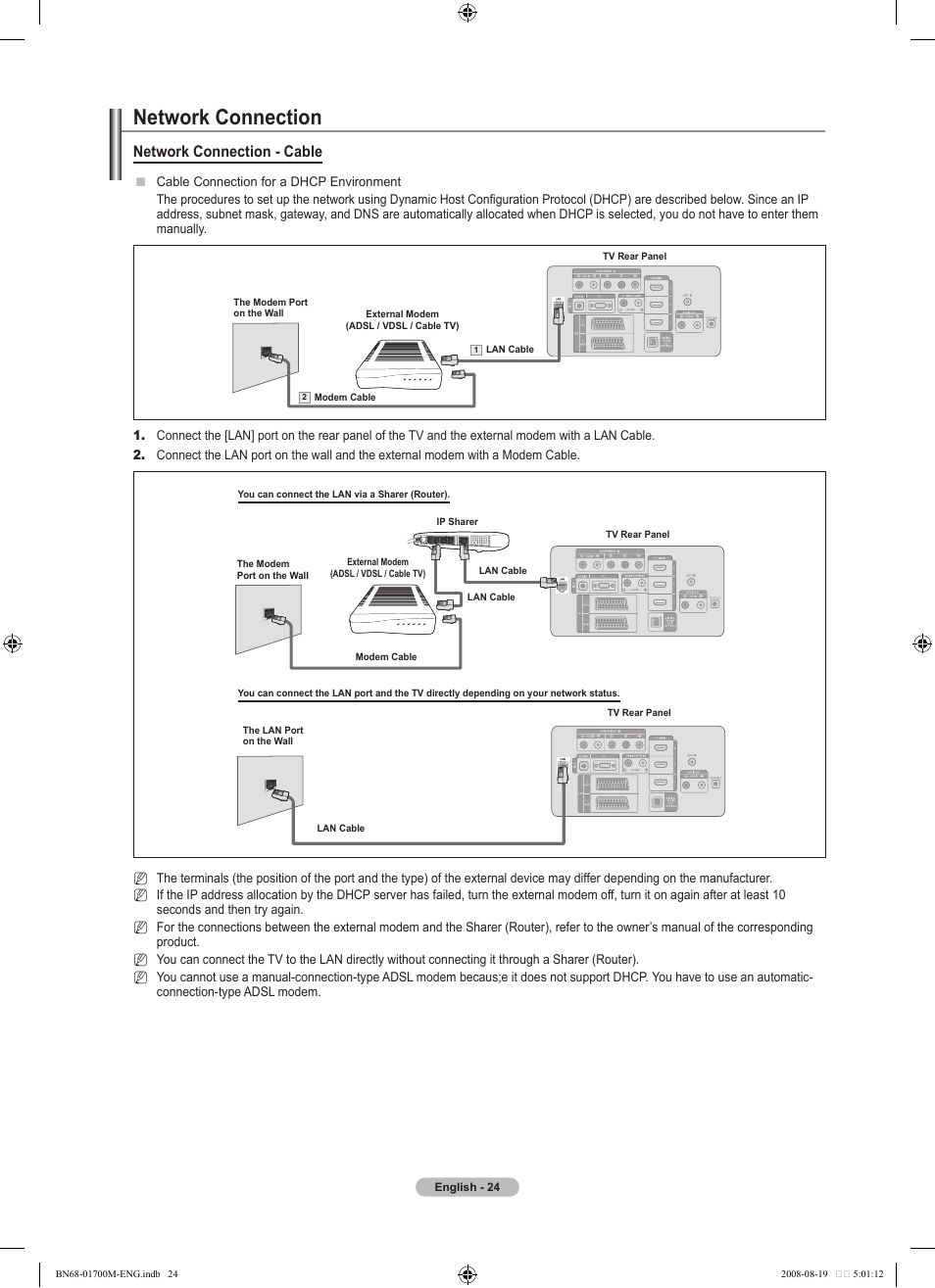 Network connection, Network connection - cable | Samsung LE46A756R1M User Manual | Page 26 / 422