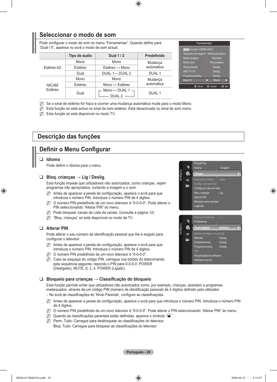 Seleccionar o modo de som, Definir o menu configurar, Descrição das funções | Idioma, Bloq. crianças → lig / deslig, Alterar pin, Bloqueio para crianças → classificação do bloqueio | Samsung LE46A756R1M User Manual | Page 262 / 422