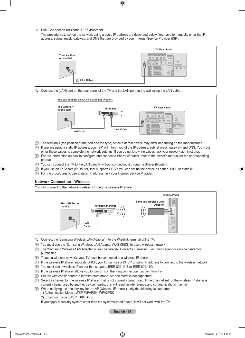 Network connection - wireless | Samsung LE46A756R1M User Manual | Page 27 / 422