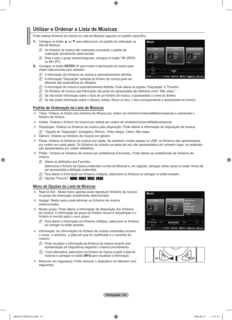 Utilizar e ordenar a lista de músicas, Padrão de ordenação da lista de músicas, Menu de opções da lista de músicas | Rew) ou, Ff). 2. carregue no botão enter, Nn n | Samsung LE46A756R1M User Manual | Page 276 / 422