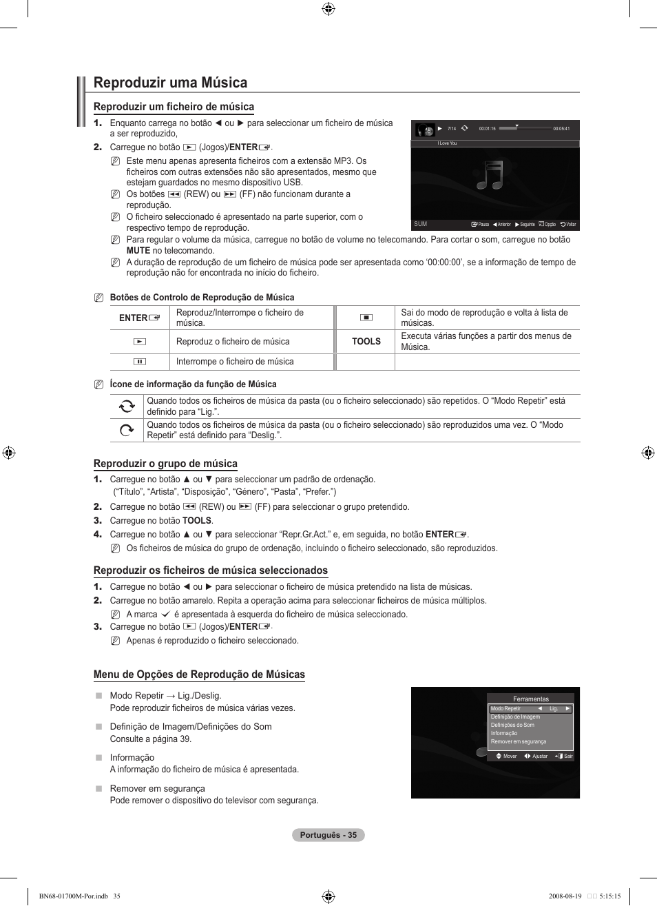 Reproduzir uma música, Reproduzir um ficheiro de música, Reproduzir o grupo de música | Reproduzir os ficheiros de música seleccionados, Menu de opções de reprodução de músicas | Samsung LE46A756R1M User Manual | Page 277 / 422