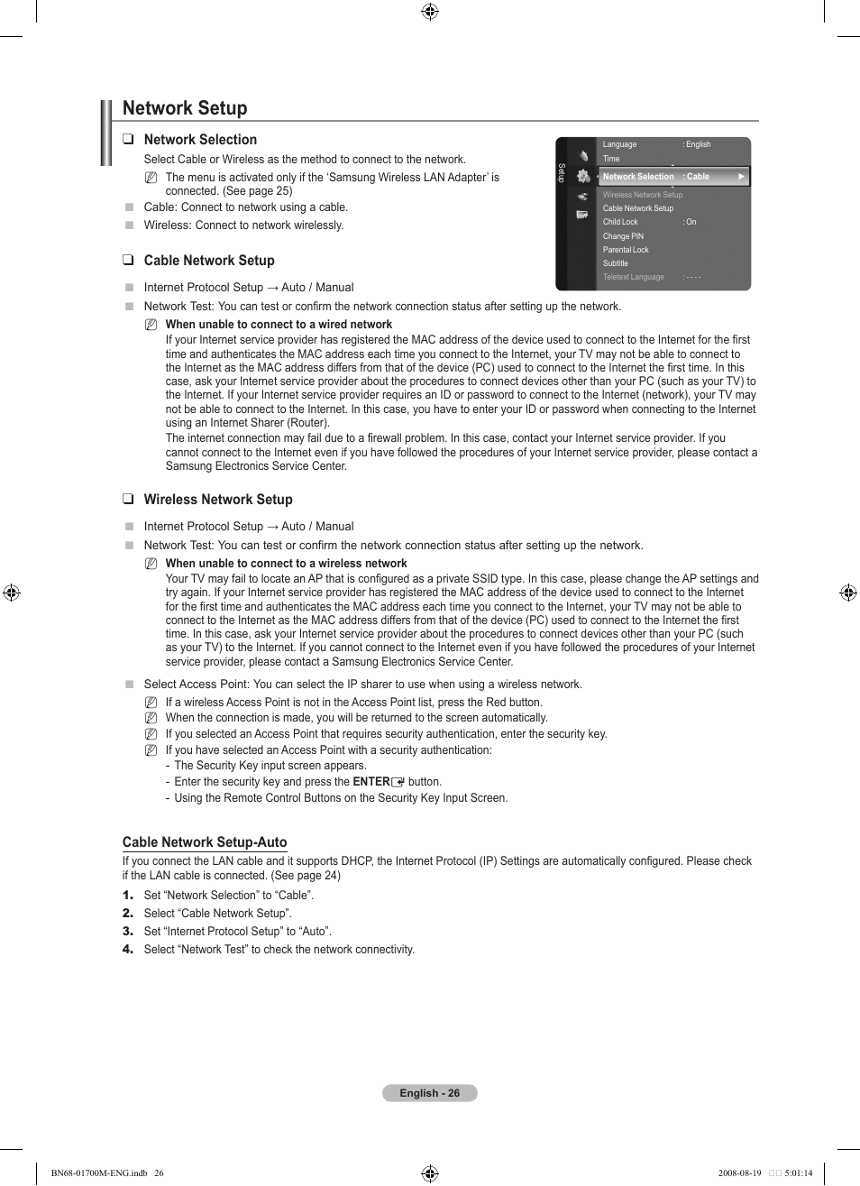 Network setup, Network selection, Cable network setup | Wireless network setup, Cable network setup-auto | Samsung LE46A756R1M User Manual | Page 28 / 422
